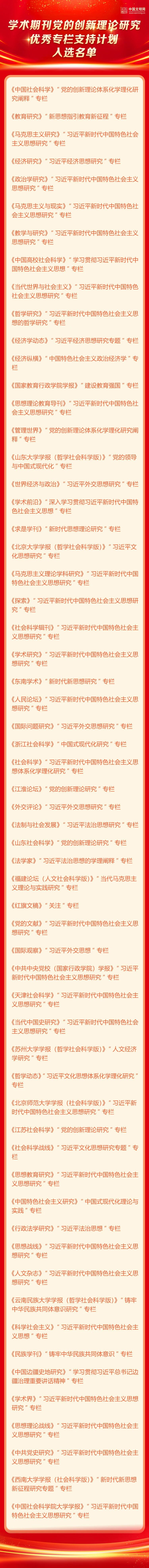 公布学术期刊党的创新理论研究优秀专栏支持计划入选名单